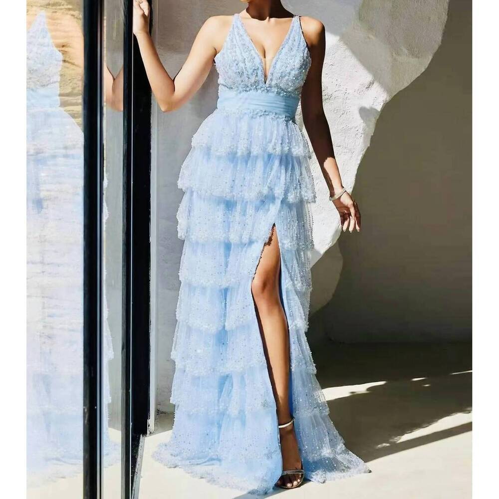 NEW COUTURE LEE mermaid evening gown with embroidered tulle in light blue